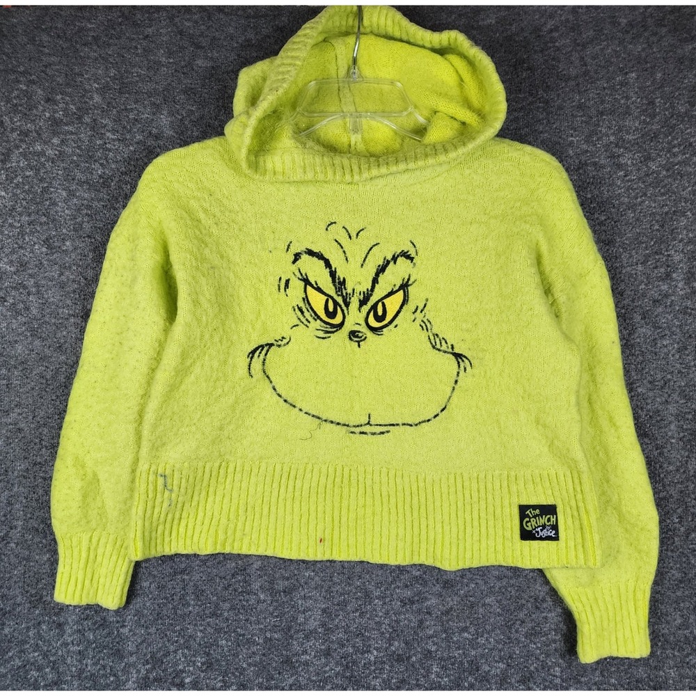 The Grinch Justice Hooded Sweater Girls S 7/8 Green Neon Graphic Eyelash Knit